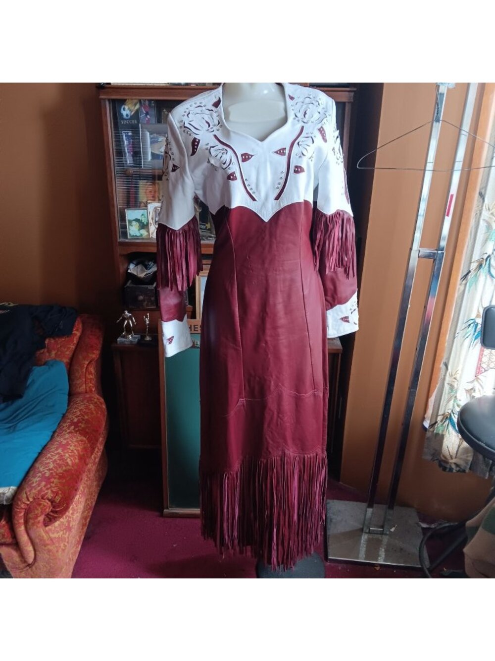 sz 12 Vintage Western Rodeo Cowgirl Leather Maxi Dress W/Fringe & Floral Cutouts